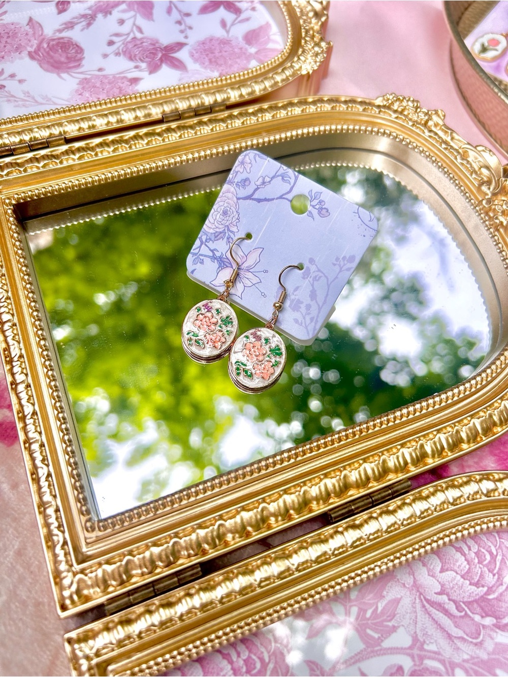 Pink Floral Oval Drop Earrings with Green Accents